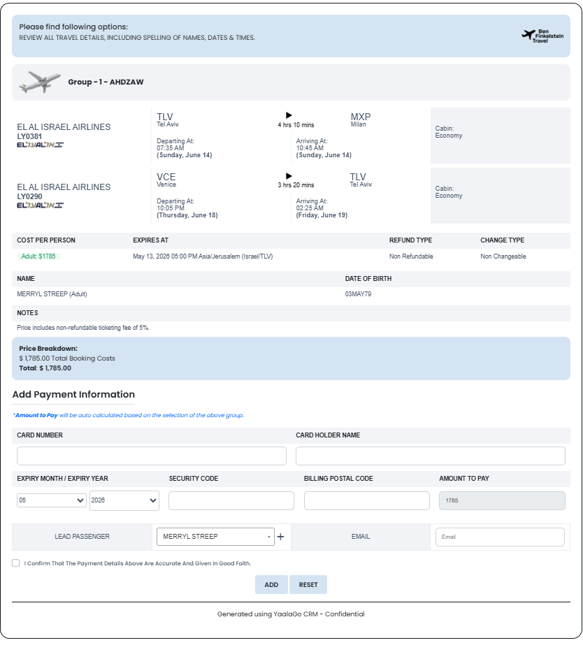 Branded Yaalago checkout page — Ben Finkelstein Travel header with native payment form